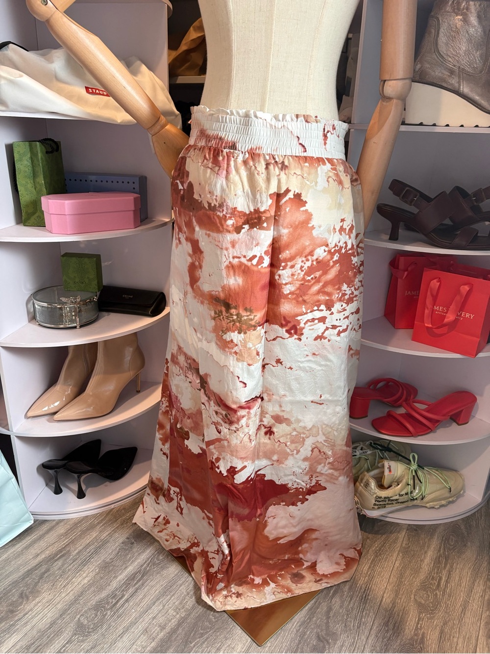 Vivienne Tam watercolor abstract silk blend drawstring maxi skirt terracotta 10 - Picture 4 of 7